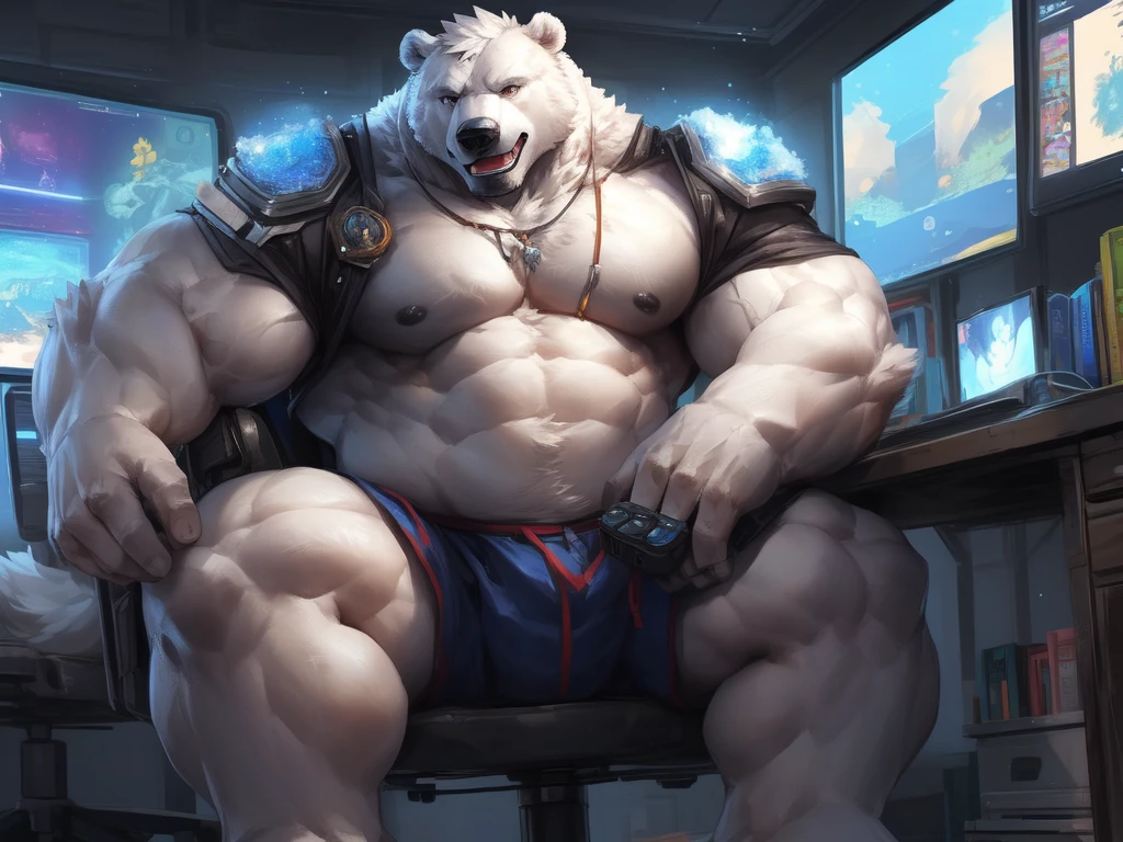 lindong, lucusold, a man with a huge muscular (white bear, polar bear 🐻❄️) sitting in gaming chair, streamer, pc and monitor, ((muscular, sixpack, pectoral)), thicc, giant and muscular, danbooru and artstation, heavy detailed, insanely inflated hips, proportionally arms, commission for high res, detailed but rough, semirealistic:1.3