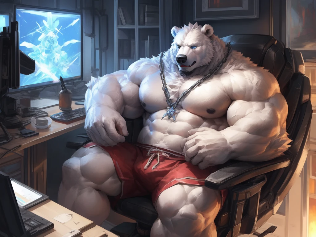 lindong, lucusold, a man with a huge muscular (white bear, polar bear 🐻‍❄️) sitting in gaming chair, streamer, pc and monitor, ((muscular, sixpack, pectoral)), thicc, giant and muscular, danbooru and artstation, heavy detailed, insanely inflated hips, proportionally arms, commission for high res, detailed but rough, semirealistic:1.3