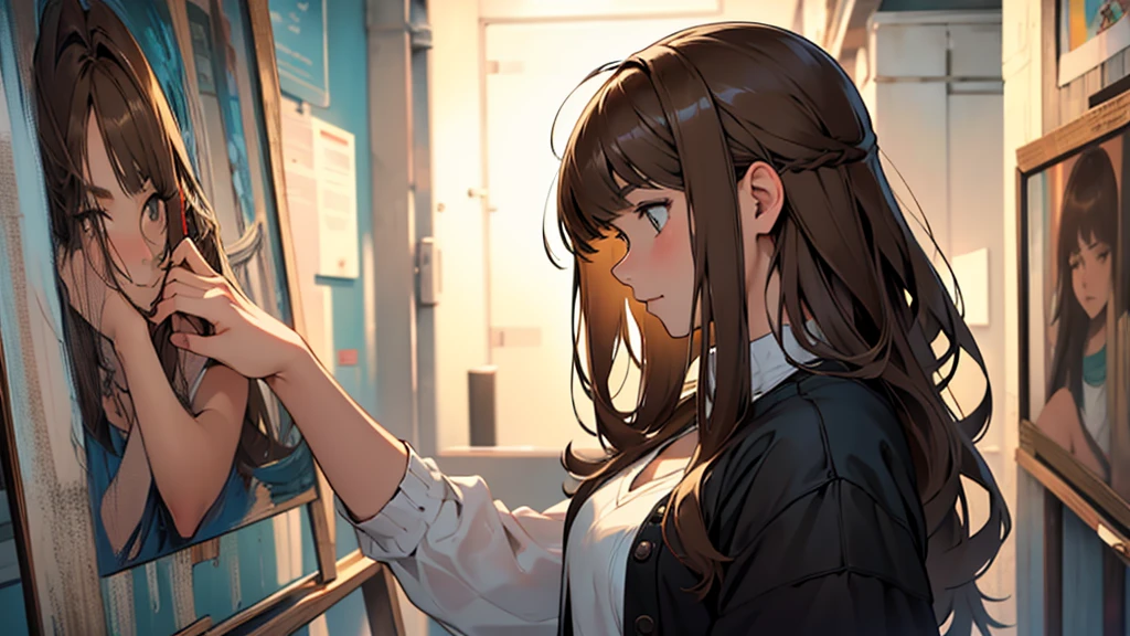 ((best quality)), ((work of art)), ((detailed)), young woman with long brown hair and bangs, in profile, looking down, with a shy and timid expression
