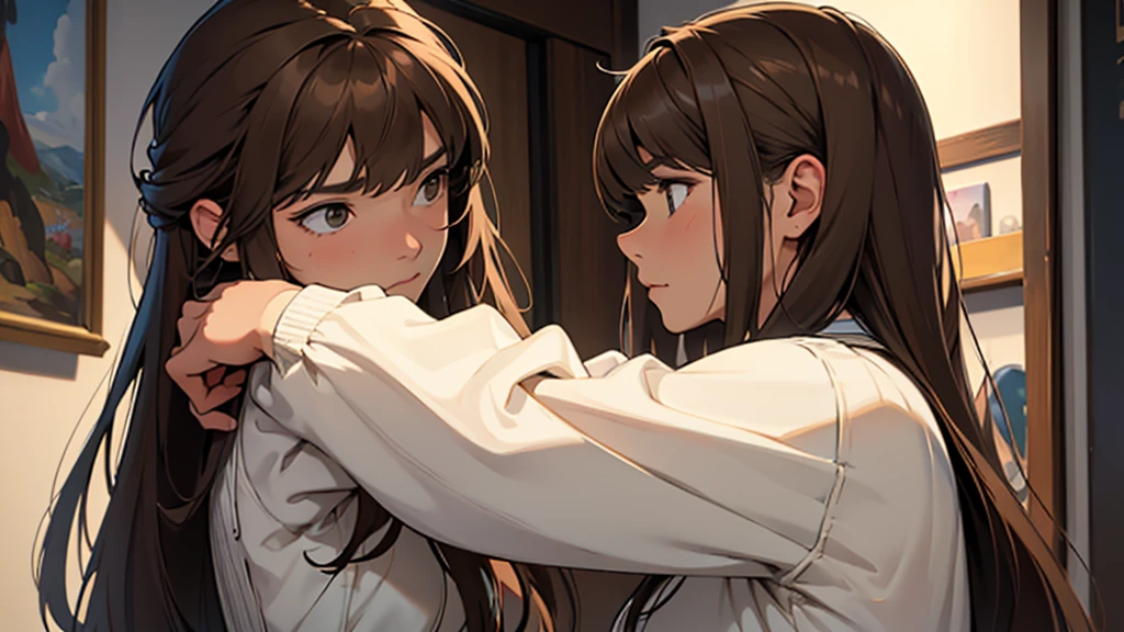 ((best quality)), ((work of art)), ((detailed)), young woman with long brown hair and bangs, in profile, looking down, with a shy and timid expression