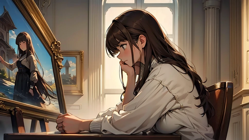 ((best quality)), ((work of art)), ((detailed)), young woman with long brown hair and bangs, in profile, looking down, with a shy and timid expression