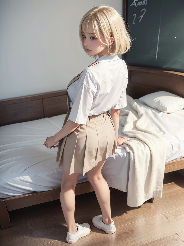 1 girl、(real:1.5)、( face, virgin face, masterpiece, 1 Girl, Very detailed, Fine skin, White skin, Lighten up the subject, Movie Light, beautiful face, Beautiful Eyes, Lip gloss), (((Ash Blonde Hair)))、((Short Bob))、(school uniform:1.5)、(micro mini skirt)barefoo、Blunt bangs,blue eyes, (((large natural breasts))), ((full body))、on a bed 、(back view :1.5)、(from below:1.3)、(Booty pose:1.3)