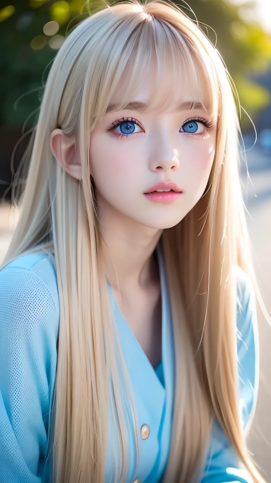 Very beautiful face、A beautiful girl、Super Long Hair、windy silky blonde super long hair、Swinging bangs、Cute sexy 16 year old blonde girl with light blue eyes、Hair above the eyes、片Hair above the eyes、Hair between the eyes、Big bright light blue eyes that shine so beautifully、eyeliner、Bright expression、