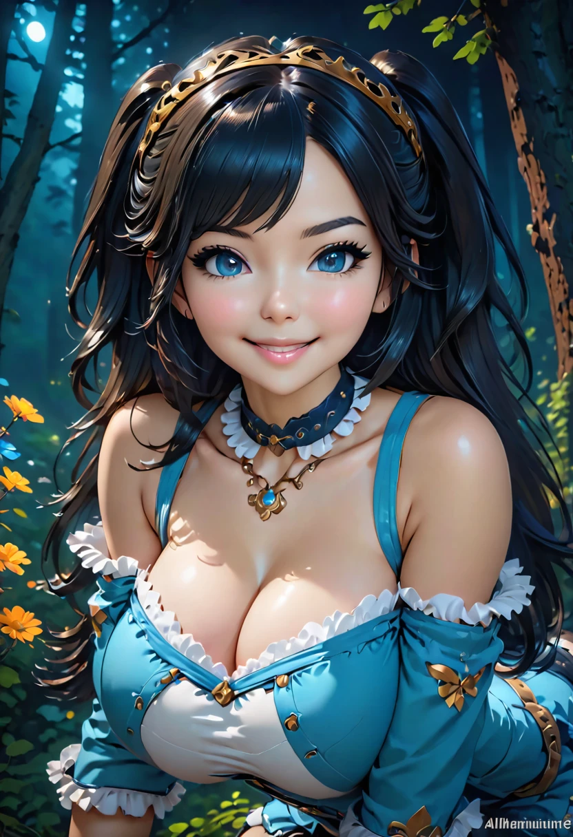 masterpiece, best quality, highly detailed, 1girl, solo, twintails, off-shoulder sweater, choker, jacket, hairband, looking at viewer, smile, blush, Wide Smile, Eyes Detailed & Wide, sexy Pose. Ultra HD, Rococo-Inspired Fantasy Art With Intricate Details. Cute, Charming Expression, Alluring-Gaze, looking at viewer Beautiful Eyes, An-Ideal-Figure. Large Youthful Well-Shaped-Breasts, Massive-Round-Bosom, Décolletage. slim waist, fit body, full lipsWarm lights , woman in a dreamy forest at night, with fluffy hair, delicate face, realistic, real, slim, large aperture, sexy shots, attractive poses,Stunnin gly beautiful merge of Miranda Cosgrove. symmetrical face, photorealistic, photography, path tracing, specular lighting, volumetric face light, path traced hairmaximum quality{(masutepiece) (8K High Resolution) (top-quality) In the style of breath of the wild.
