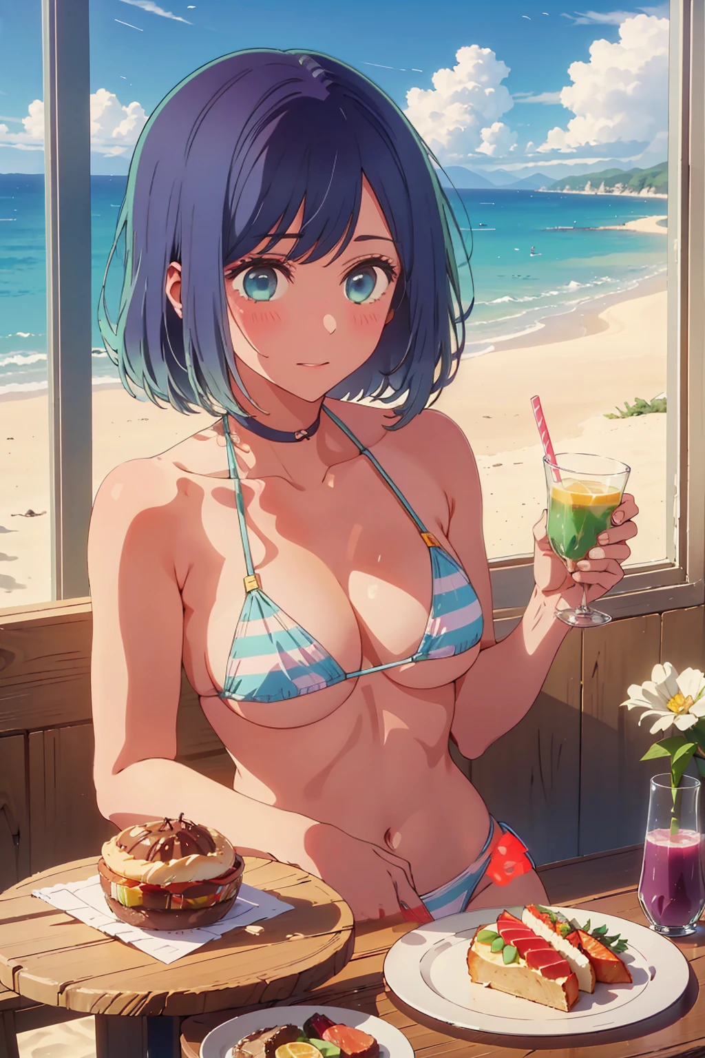 (Highest quality:1.4、masterpiece:1.4、Super detailed:1.4、8K:1.4)、((((1 person、Surprised expression、sit、Indoor cafe terrace、coastal、juice、table、Sandy Beach、juiceのグラスを持つ、Micro Bikini、Very soft boobs、Big eyes、Very cute face))))、(hotel:1.4)、F cup bust、Medium breast、Underboob