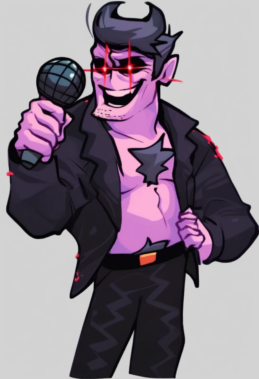 daddy_dearest, solo, smile, short hair, simple background, shirt, black hair, red eyes, long sleeves, 1boy, holding, jacket, male focus, open clothes, belt, pants, black jacket, facial hair, black pants, microphone, holding microphone, purple skin, chest hair