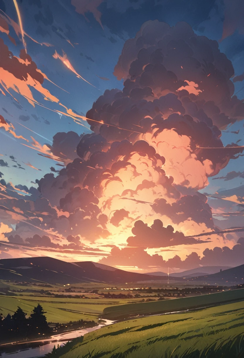 Best quality, masterpiece, countryside at dusk, thunderhead clouds, no humans, quiet,