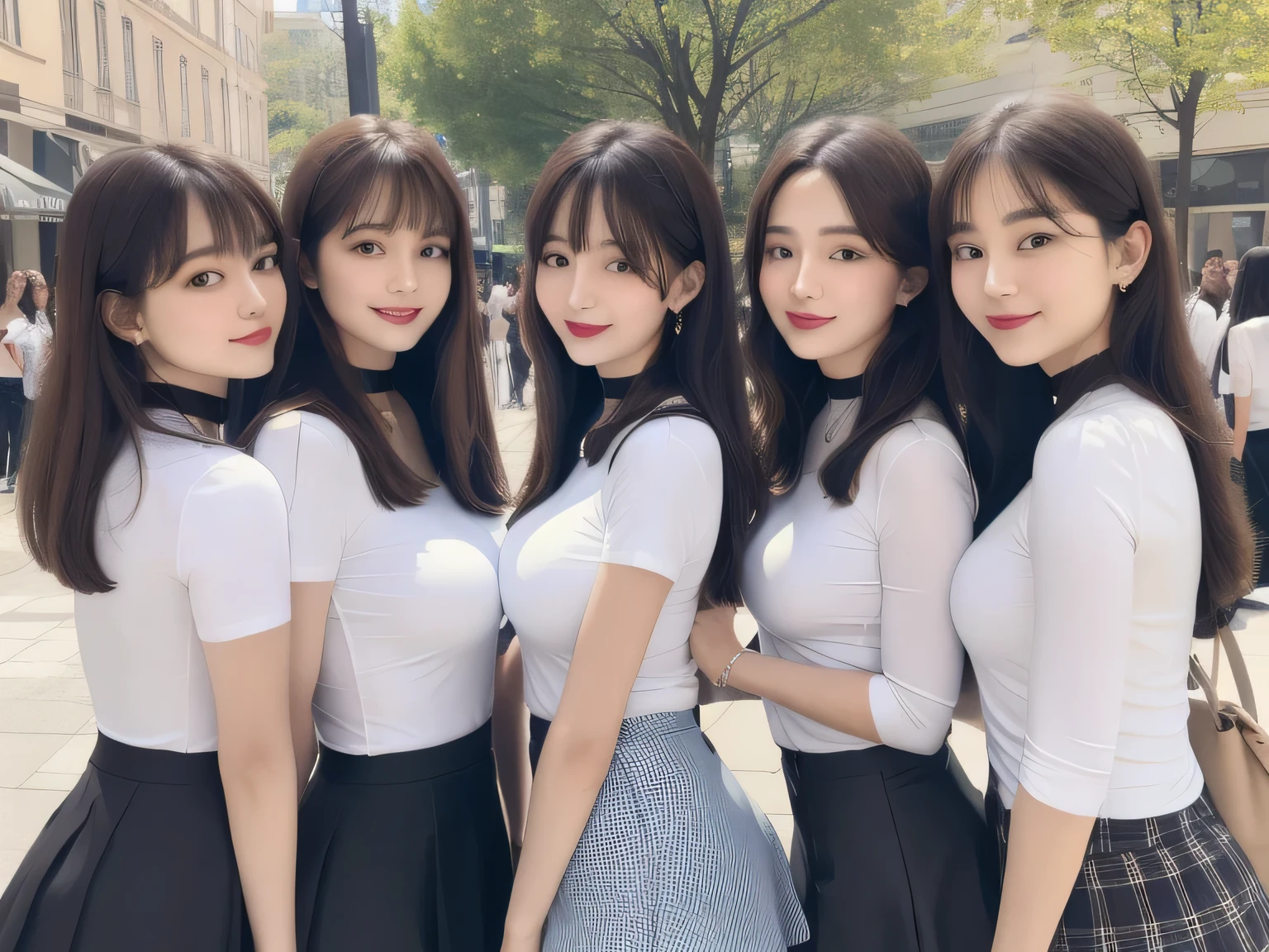 Group photo, Crowded, Straight long hair, Brown Hair, sexy, A line of women, Women waiting in line, Only women, Sisters, ((tight white shirt、mini skirt)),Full body photo:1.9, Adorable, smile, Slim face, the body is slim, ロングBrown Hair, 32k, masterpiece, Best image quality,Ultra-high resolution,Perfect hands,Black Choker、bangs、Very lush and long eyelashes, Lots of women、((Big Breasts)), Dependents, Big Breasts, Red lipstick, terrace, blue sky