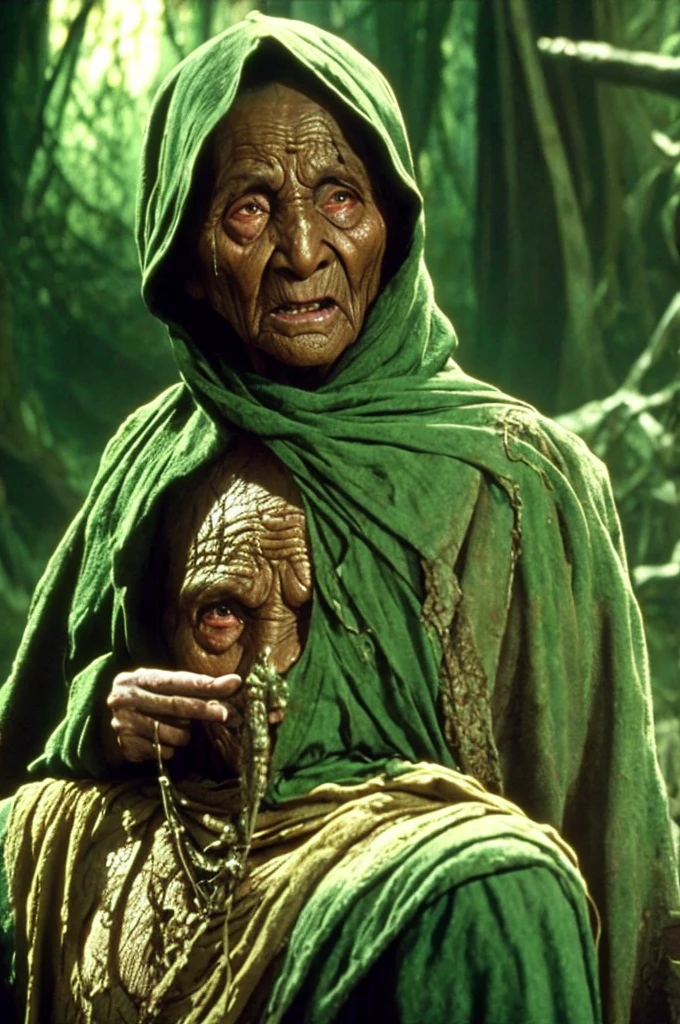 orc green skin old woman with torn clothes, RPG, dvd screenshot, 1980s cinema, dark fantasy, realistic, detailed, body horror, horror cosmic