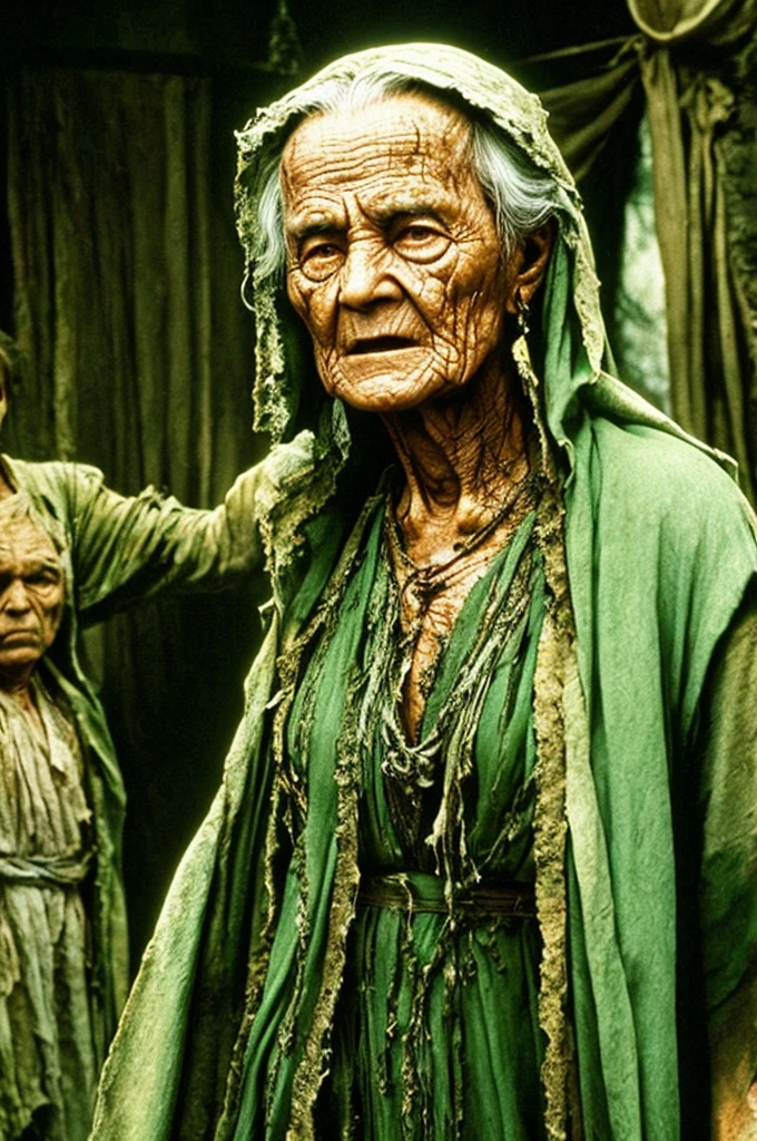 orc green skin old woman with torn clothes, RPG, dvd screenshot, 1980s cinema, dark fantasy, realistic, detailed, body horror, horror cosmic