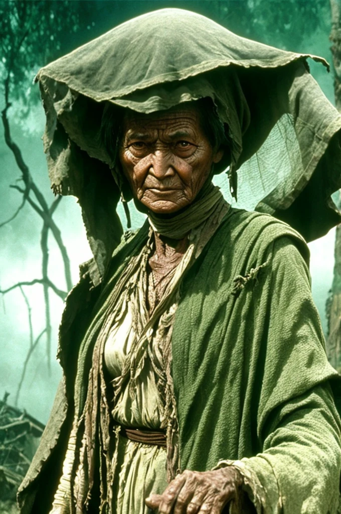 orc green skin old woman with torn clothes, RPG, dvd screenshot, 1980s cinema, dark fantasy, realistic, detailed, body horror, horror cosmic
