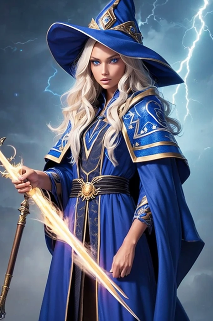 16 year old Romee Strijd dark elf mage, ultra-detailed face, ultra detailed blue eyes, long platinum blonde wavy messy hair, (wizard hat, wizard robes, cloak, staff, lightning), (((masterpiece)))