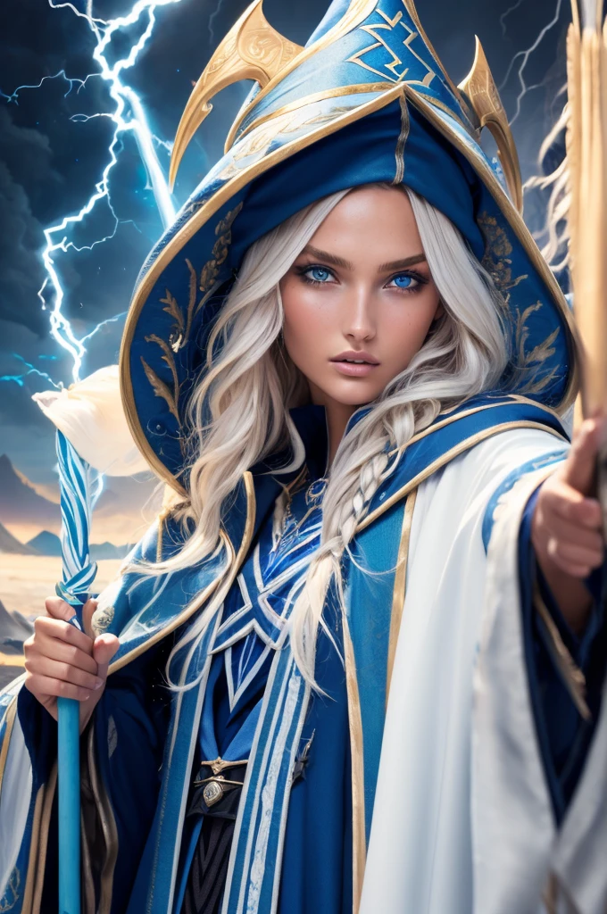  Romee Strijd dark elf mage, ultra-detailed face, ultra detailed blue eyes, long platinum blonde wavy messy hair, (wizard hat, wizard robes, cloak, staff, lightning), (((masterpiece)))