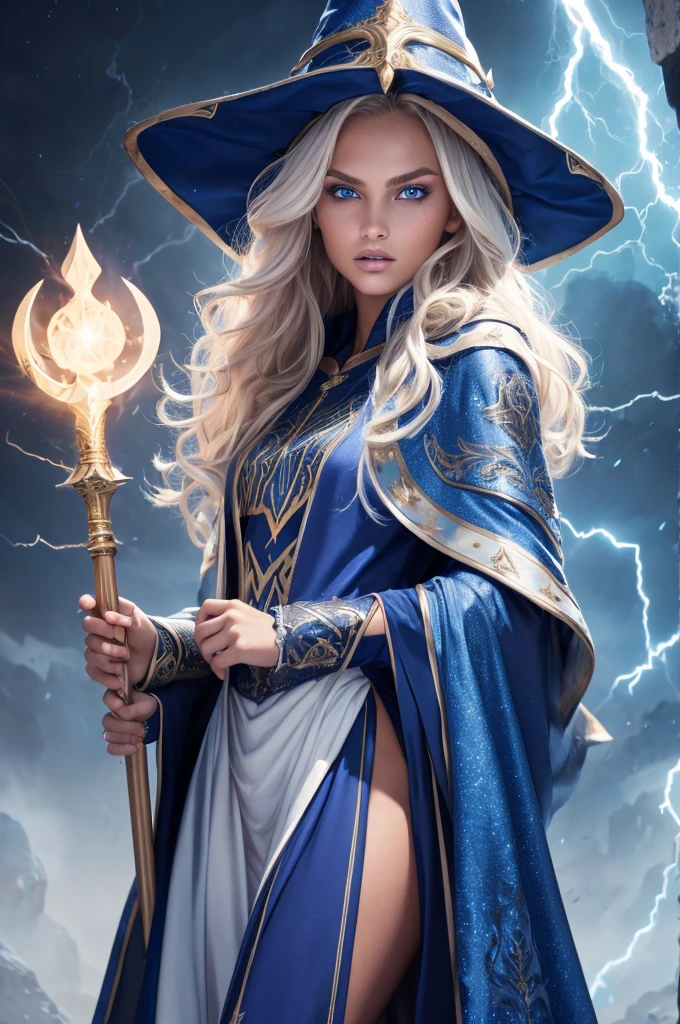 16 year old Romee Strijd dark elf mage, ultra-detailed face, ultra detailed blue eyes, long platinum blonde wavy messy hair, (wizard hat, wizard robes, cloak, staff, lightning), (((masterpiece)))