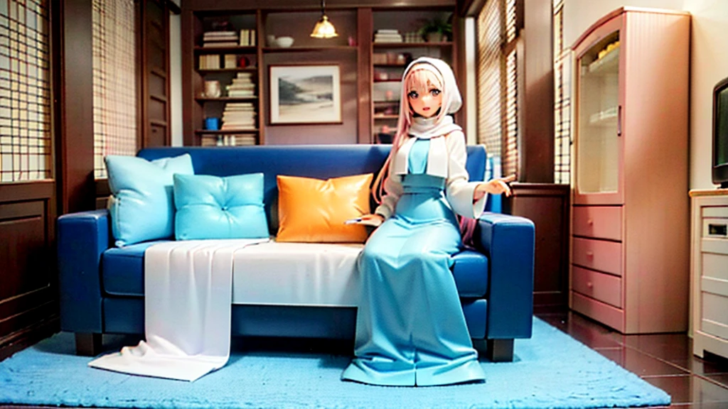 24-year-old girl, a wide smile with a modern-colored long hijab, a long skirt, beautiful shoes, and a sofa in a cozy, quiet, modern-colored well-lightened apartment.