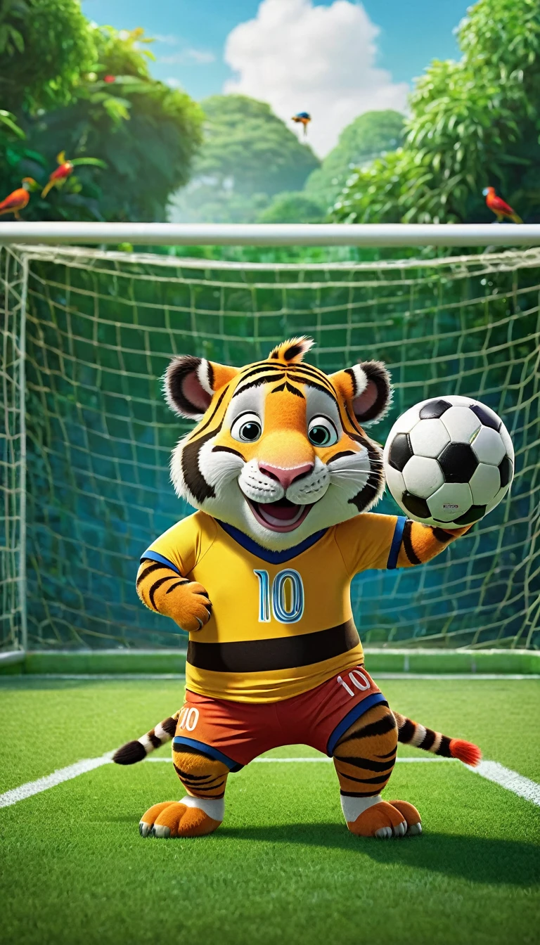 A chubby tiger, adorably plump and wearing an ill-fitting soccer jersey with the number 10 and 'Messi' written on the back, is humorously attempting to take a penalty kick. The tiger's chubby cheeks and round belly add a touch of comedy to the scene as it struggles to balance on its hind legs, one paw raised awkwardly to kick a brightly colored, oversized soccer ball. The background features a quirky soccer field with cartoonish trees and a mismatched goal made of jungle vines. In the goal, a startled zebra wearing an oversized goalie uniform looks comically unprepared for the kick. A crowd of animated jungle animals, including cheering monkeys, laughing elephants, and a mischievous parrot, adds to the humorous and artistic ambiance. The scene is bursting with vivid colors and playful details, blending the worlds of soccer and jungle life with a delightful and funny twist