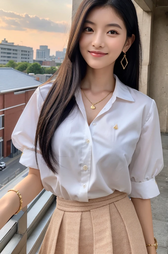 Rooftop of university building, 4th year university student, ((full body)), ((photo)), ((best qualtiy, 8K, tmasterpiece:1.3)), Focus:1.2, perfect figure beautiful girl:1.4, 1girl, cowboy shot, look at viewer, eyes facing the camera, incredibly absurd, beautiful and cute girl with a photorealistic face, showcasing top-quality craftsmanship, A Japanese girl watching the sunset on the roof of a university building, 19 years old, long, straight, silky black hair, fair skin, big eyes, thin eyebrows, double eyelids, long eyelashes, pink lips, smile, devilish smile, gorgeous features, well-defined facial features, beautiful face line, mysterious beauty, slender, tall, well-balanced proportions, large E-cup breasts, white shirt, tight black skirt, beige pumps, gold necklace and bracelet, small earrings, elegant ring, pretty girl, beauty, devilish type, pretty older sister, passionate about art, sociable, friendly, positive, has leadership skills, is proactive, is flexible, gets things done efficiently, works hard towards dreams and goals, March