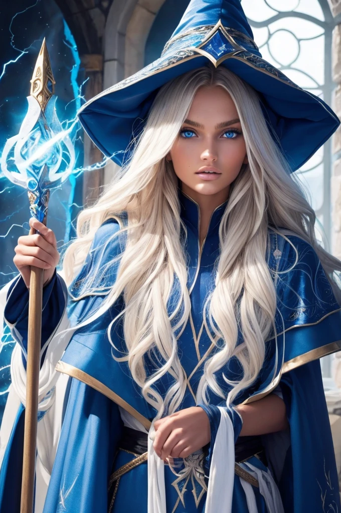  Romee Strijd dark elf mage, ultra-detailed face, ultra detailed blue eyes, long platinum blonde wavy messy hair, (wizard hat, wizard robes, cloak, staff, lightning), (((masterpiece)))