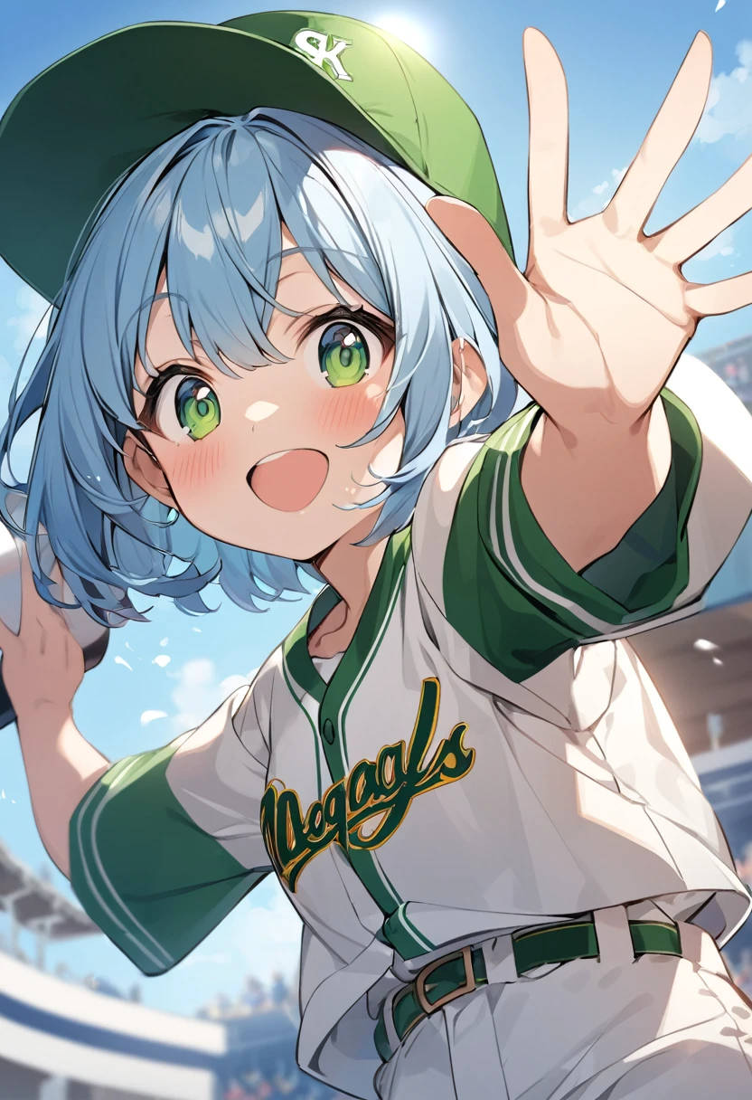 Light blue hair、Short Bob、Deep green eyes、Small breasts、Baseball uniforms and hats、Waving megaphones in support、side