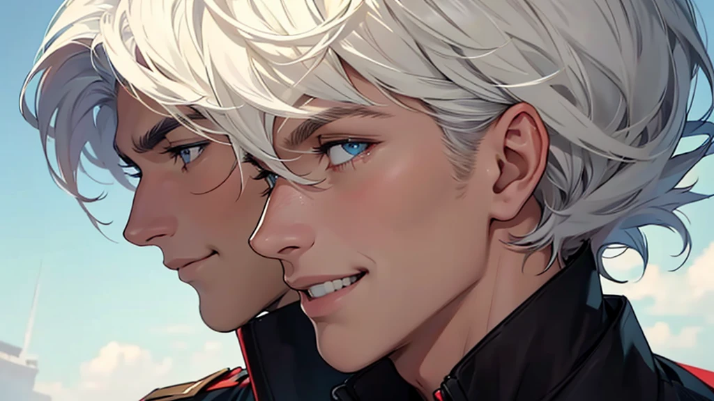 ((best quality)), ((work of art)), ((detailed)), young man with short white hair, in profile, smiling