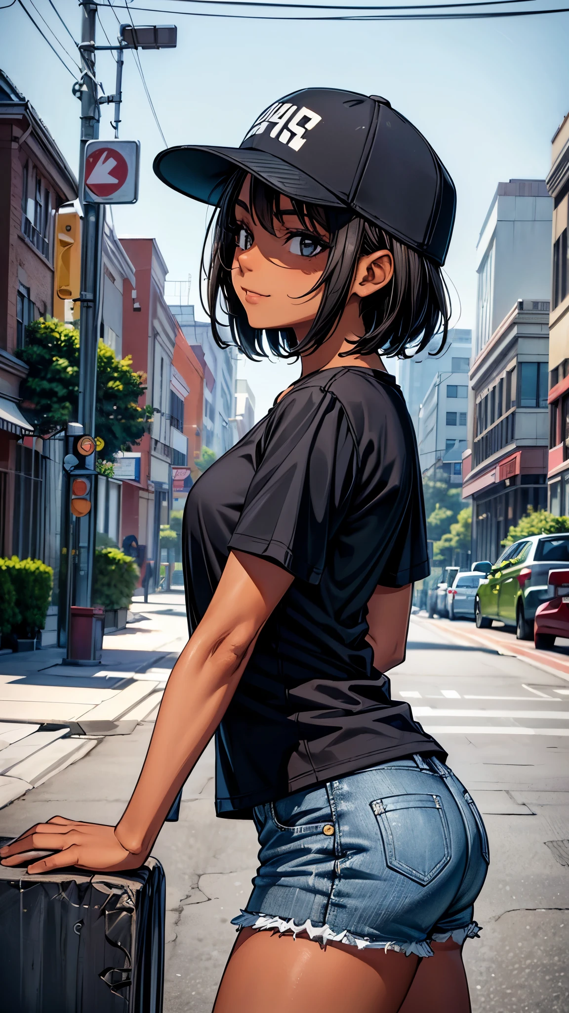 ((Looking away2.0,from side)),outside the street,((face close up1.8)),One girl,(dark skin color),short black hair,seductive smile,baseball cap,shirts,short sleeve,shorts.