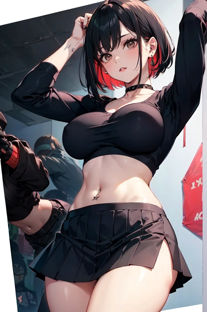 1girl, solo, best quality, expressive eyes, perfect face, bob-wig, huge breast, choker, multicolored_hair, brown eyes, adult woman, milf, (black hair:1.4, red hair ends), confident face, sfm, eyebrow piercing, ear piercing, navel, nagatiti, hanging breasts, full body shot, converse, fishnet tights, makeup, dark lipstick, a park, knife-pleat skirt, black nails, arms tattoo, white background, open waist, (perfect symmetrical body), ((black crop top ))