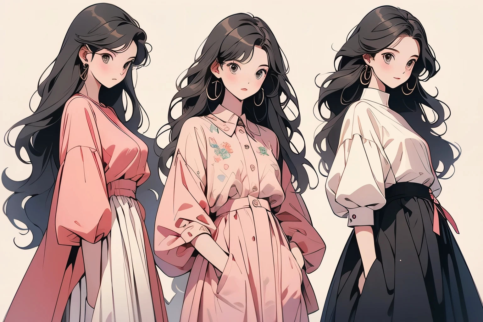 ((Highest quality)), ((masterpiece)), (detailed), Perfect Face,Arafe illustration of three women in different clothes, Girls standing in line, Illustration Style, Wear longer, Loose-fitting clothing, Casual clothingスタイル, Cute art style, drawing style, Casual clothing, Simple clothes, Fashion Research, 多Mr..Costumes, Pink clothes, Bust Up Illustration, wearing elegant Casual clothing, Mr..々Pause, Trending on artstration, Normal clothes, A woman in her twenties dressed in elegant clothes,White Background,Front view,