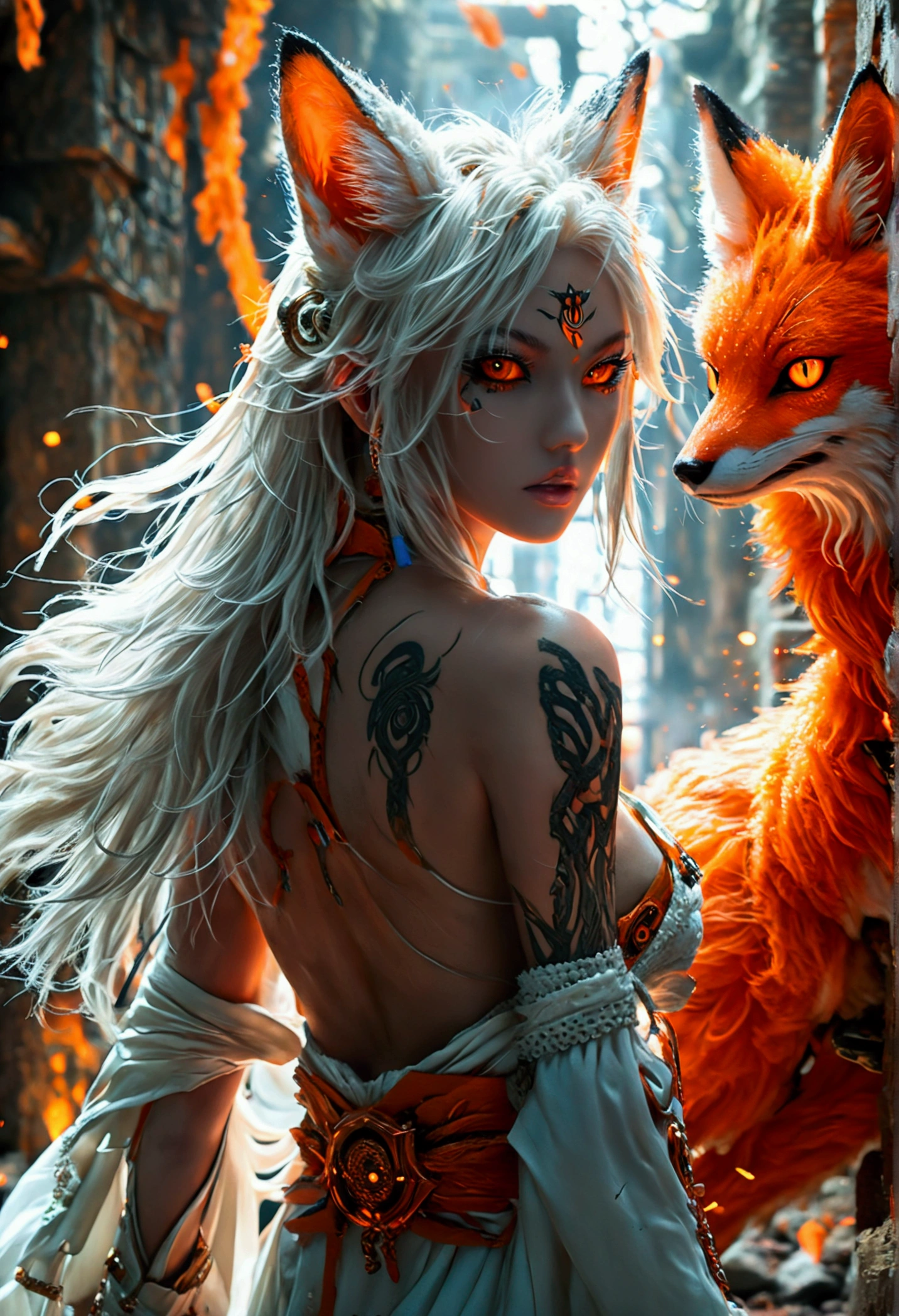 REALISTIC VISION 1.4, BETTER VAE,sharp focus, ultra detail, 32 thousand.,realistic photo, complex parts, (narrow:1.4) , blond hair, (blond hair), orange eyes, complex parts ,woman, Nine tails, complex parts,complex parts,big , voluptuous body, complex parts, (Miko:1.4) , clothes long white dress with red details complex parts, tattoos complex parts, (whole body:1.4) , (with a orange Nine tails fox :1.4) , evil (Kurama, naruto), angry face, walk on the ground, back, orange aura, (Ideal Anatomy :1.4),(Cyberpunk destroyed dungeon ruins background :1.4 ), (Ideal Anatomy V2.1), (detailed face :1.4), (Cinematic lighting :1.4), (Beautiful eyes :1.4),