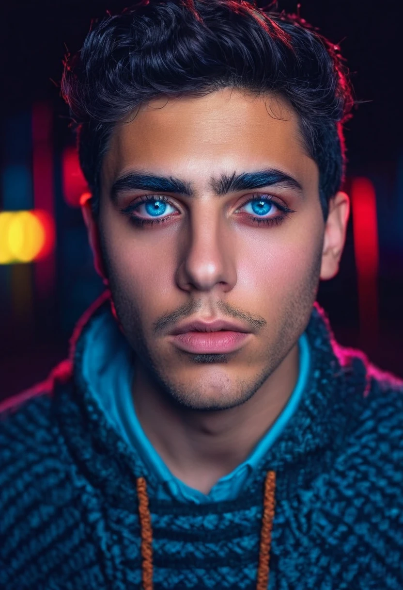 a detailed portrait of carlo acutis, beautiful detailed eyes, beautiful detailed lips, extremely detailed face, longeyelashes, 1boy, wearing 80s style clothes, film grain effect, cinematic lighting, vibrant colors, neon lights, high contrast, moody atmosphere, dramatic shadows, photorealistic, 8k, ultra-detailed, realistic, masterpiece