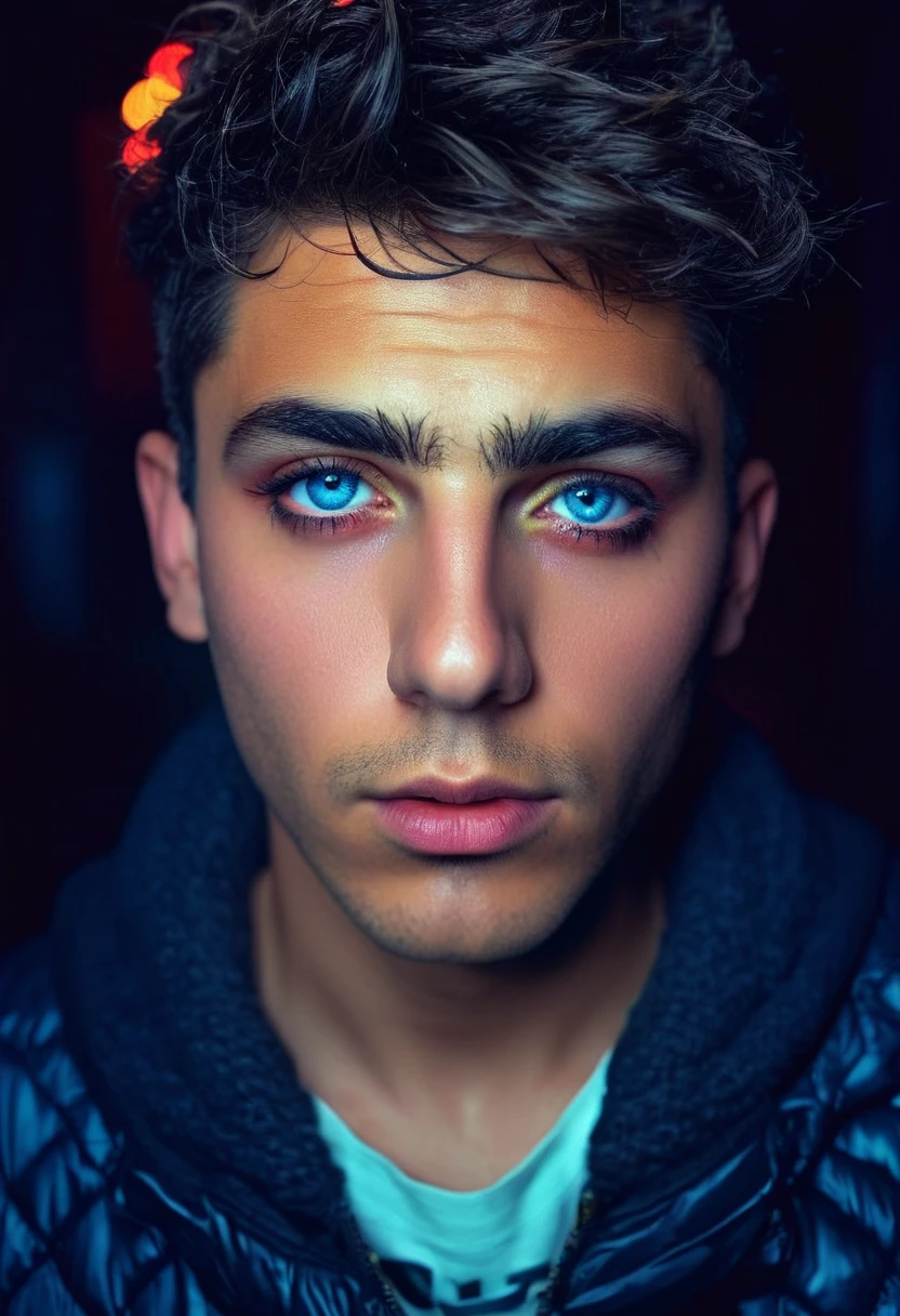 a detailed portrait of carlo acutis, beautiful detailed eyes, beautiful detailed lips, extremely detailed face, longeyelashes, 1boy, wearing 80s style clothes, film grain effect, cinematic lighting, vibrant colors, neon lights, high contrast, moody atmosphere, dramatic shadows, photorealistic, 8k, ultra-detailed, realistic, masterpiece