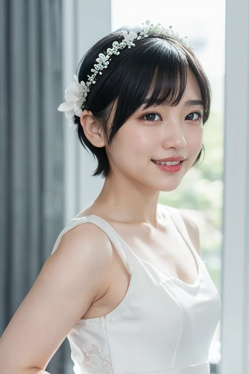 (black wedding bun short hair:1.2), (white wedding dress, intricate dress, ball gown, bridal veil, bride, curtains, depth of field, dress, flower, hair flower, hair ornament, see-through, white flower, white rose:1.1), (face full of joy:1.3), one girl, 14 years old, 8k, RAW photo, best quality, masterpiece, realistic, photo-realistic, clear, professional lighting, BREAK, no makeup face, smile, BREAK, (short cut hair, small breasts:1.2), (looking back:1.2), (black eyes, black hair:1.2)r, full body