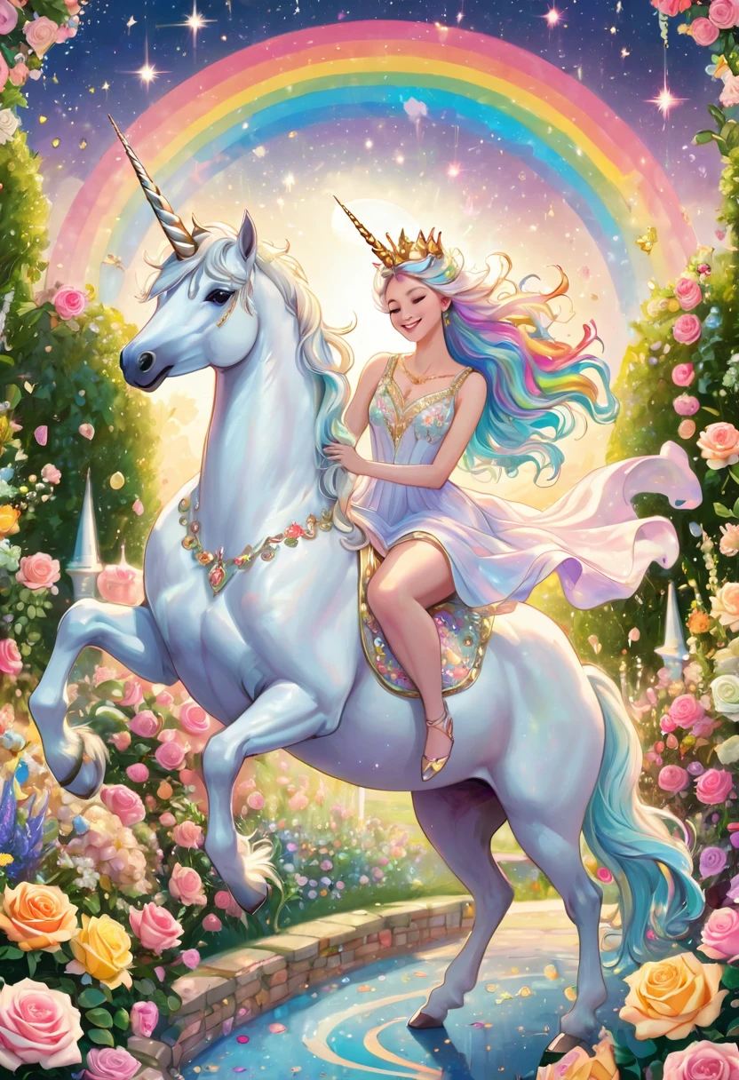 Goddess riding a white unicorn, surrounded by crowns and jewels, in a pastel colored dress, in a garden of pastel roses, smiling, joyful, perfect lighting, rainbow light, moon and sun integration, shooting stars