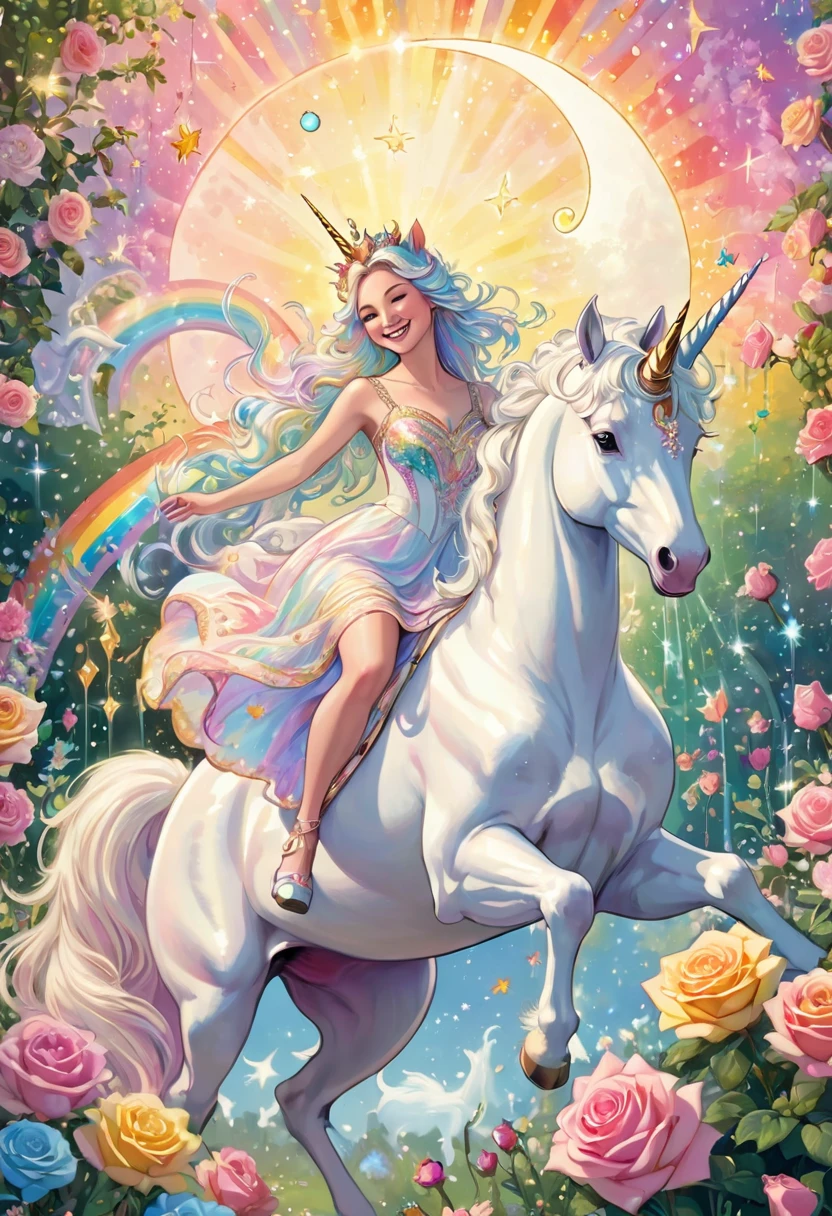 Goddess riding a white unicorn, surrounded by crowns and jewels, in a pastel colored dress, in a garden of pastel roses, smiling, joyful, perfect lighting, rainbow light, moon and sun integration, shooting stars