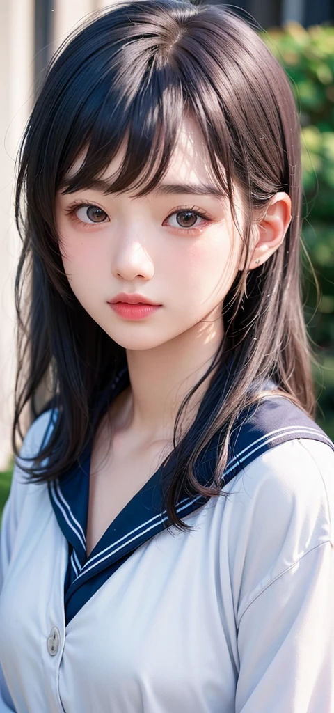 (1 nogizaka girl,15years old face,raw photo,photo realistic:1.5),(best quality, high quality,HDR, highest quality,ultra high resolution,high resolution,high res,ultra high difinition,huge file size,8K,2K wallpaper,8K wallpaper,high quality texture,amazing,an extremely delicate:1.4),one girl, Japanese famous idol,cute face,small face,absurd,ridiculous,incredibly ridiculous,blurry background,(school uniform,sailor suit,short hair,cleavage,no makeup:1.2),medium skin,beautiful skin,detailed skin,black hair,silky hair,black eyes,Japanese nose,5-fingers,(Light Particles, Lens Flare, Luminous Particles: 0.7),looking at viewer,small hands,bright lighting,professional lighting,girl