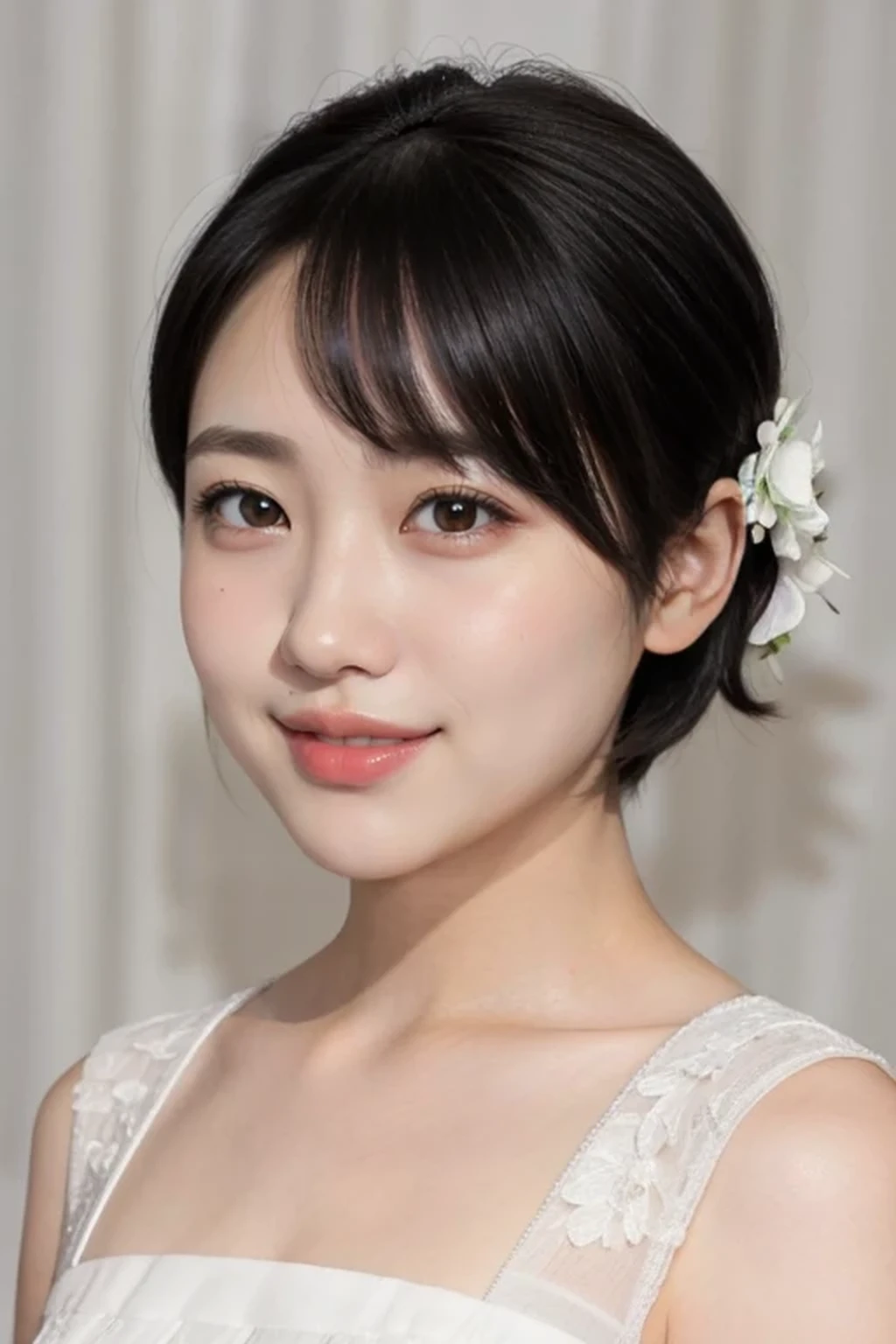 (black wedding bun short hair:1.2), (white wedding dress, intricate dress, ball gown, bridal veil, bride, curtains, depth of field, dress, flower, hair flower, hair ornament, see-through, white flower, white rose:1.1), (face full of joy:1.3), one girl, , 8k, RAW photo, best quality, masterpiece, realistic, photo-realistic, clear, professional lighting, BREAK, no makeup face, smile, BREAK, (short cut hair, small breasts:1.2), (looking back:1.2), (black eyes, black hair:1.2)r, full body