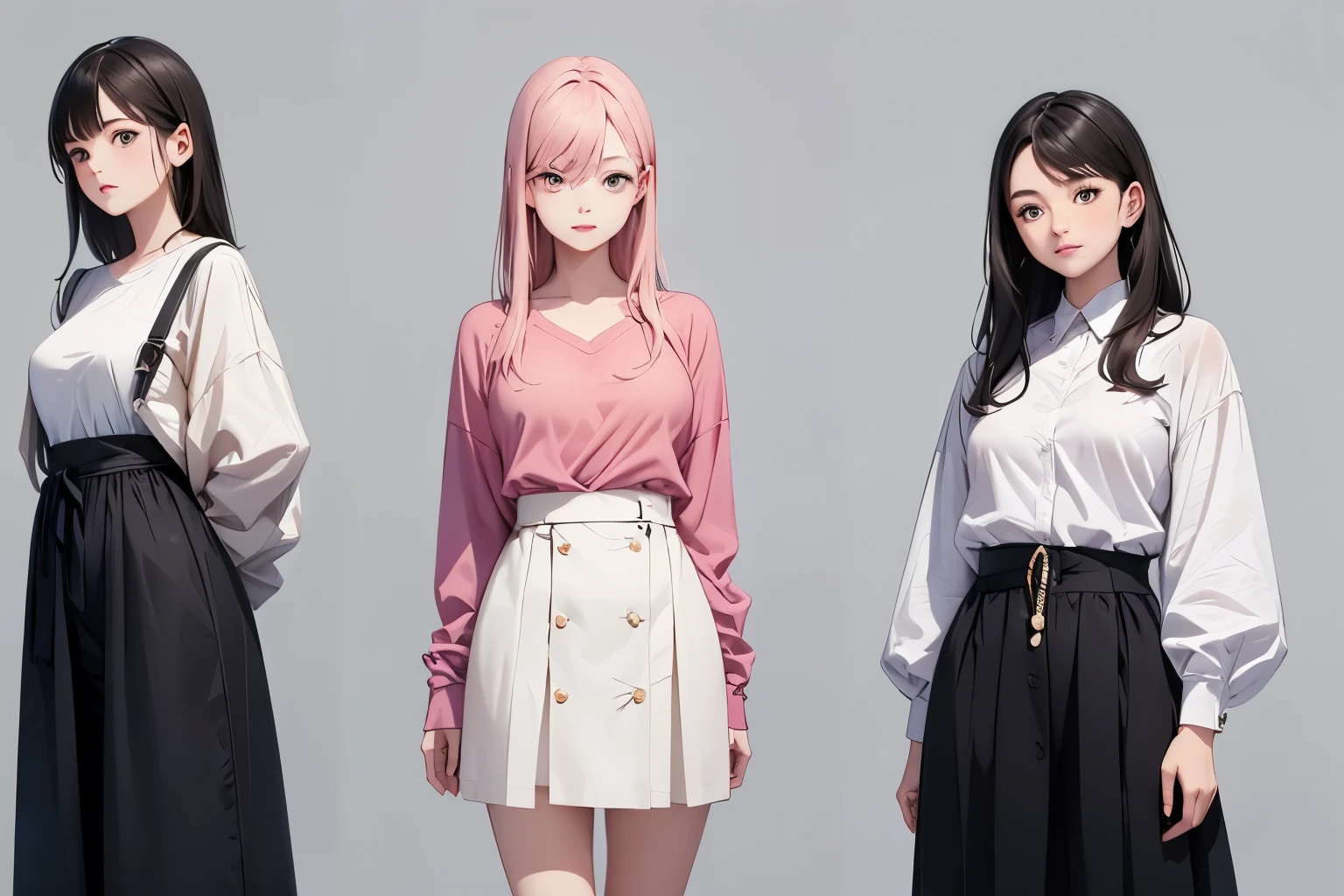 ((Highest quality)), ((masterpiece)), (detailed), Perfect Face,Arafe illustration of three women in different clothes, Girls standing in line, Illustration Style, Wear longer, Loose-fitting clothing, Casual clothingスタイル, Cute art style, drawing style, Casual clothing, Simple clothes, Fashion Research, 多Mr..Costumes, Pink clothes, Bust Up Illustration, wearing elegant Casual clothing, Mr..々Pause, Trending on artstration, Normal clothes, A woman in her twenties dressed in elegant clothes,White Background,Front view,