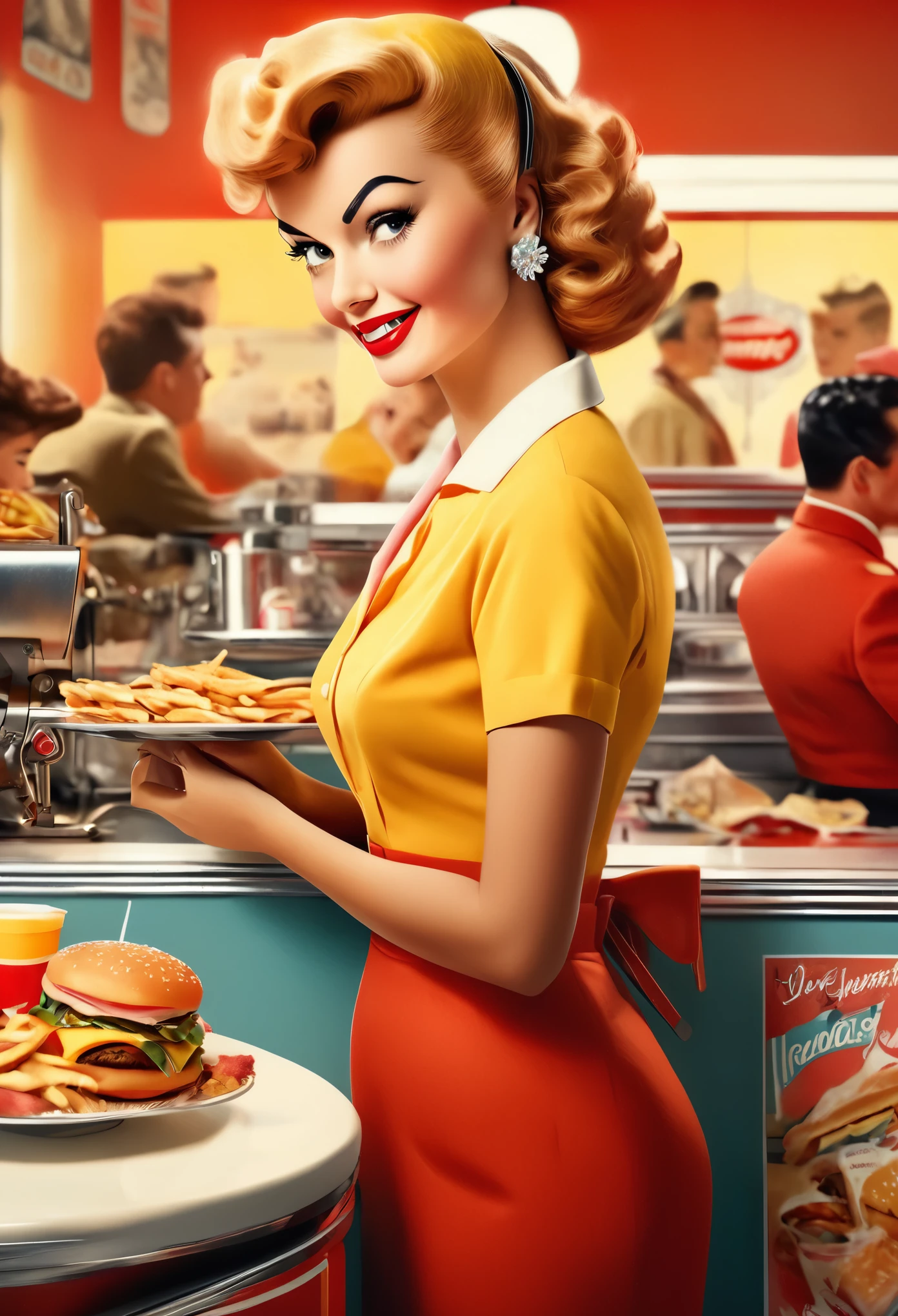 general shot of the scene,cuerpo entero, typical colors of the 50s era as an advertising poster: 1.5, Fast food worker from the 50s in the USA, decoration from the 50s, clothes from the 50s, hairstyles from the 1950s, detailed portrait, photorealistic, 8k, best quality, masterpiece, hyper detailed, cinematic lighting, warm color tones, vibrant colors, intricate details