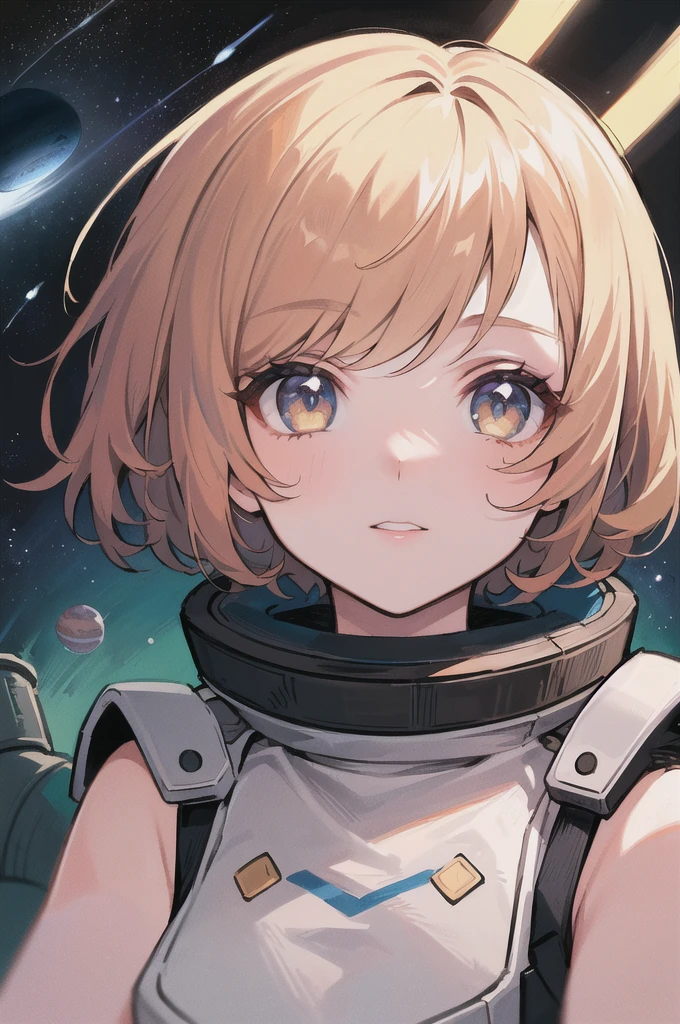 Highest quality, (masterpiece), Super detailed, (Illustrations for novels:1.2), (Korean webtoon style:1.2), (Bold), (High resolution:1.2), Dramatic Light, One girl, observatory, looking at space through long Telescope, space, planet, shooting star, light lines among planet, Look up, Beautiful Face, gear