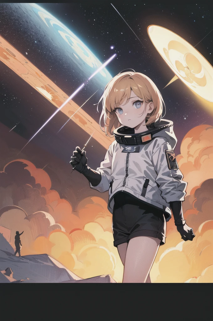 Highest quality, (masterpiece), Super detailed, (Illustrations for novels:1.2), (Korean webtoon style:1.2), (Bold), (High resolution:1.2), Dramatic Light, One girl, observatory, looking at space through long Telescope, space, planet, shooting star, light lines among planet, Look up, Beautiful Face, gear