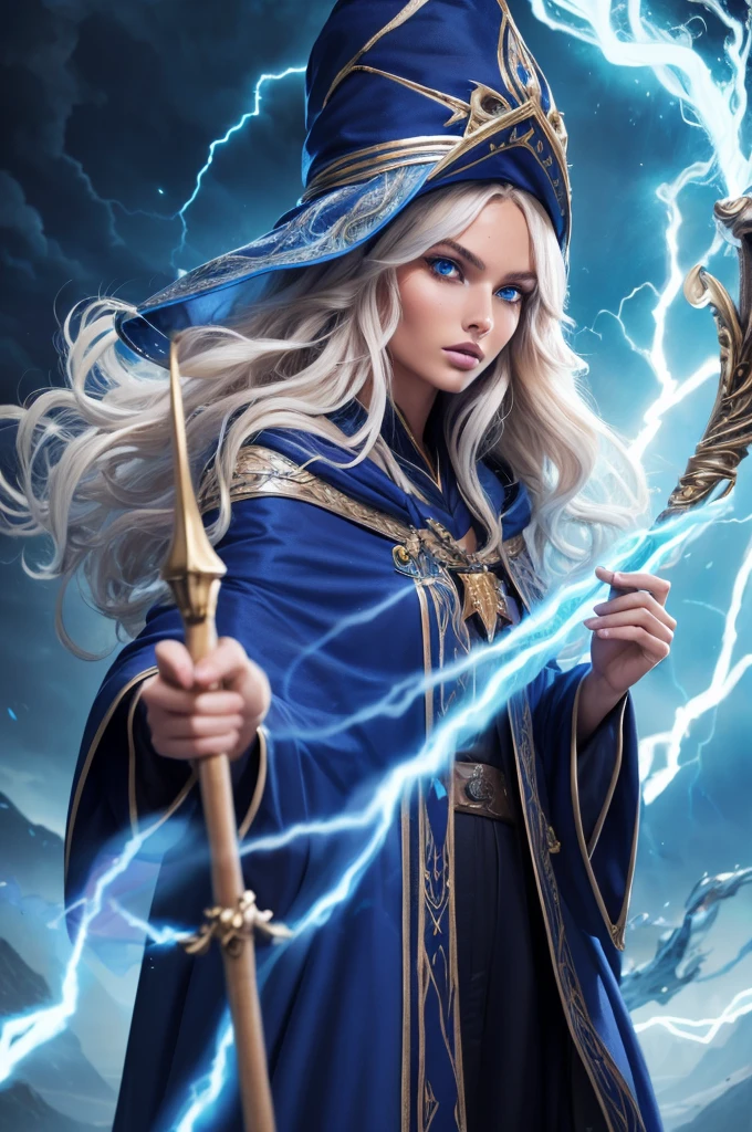  Romee Strijd dark elf mage, ultra-detailed face, ultra detailed blue eyes, long platinum blonde wavy messy hair, (wizard hat, wizard robes, cloak, staff, lightning), (((masterpiece)))