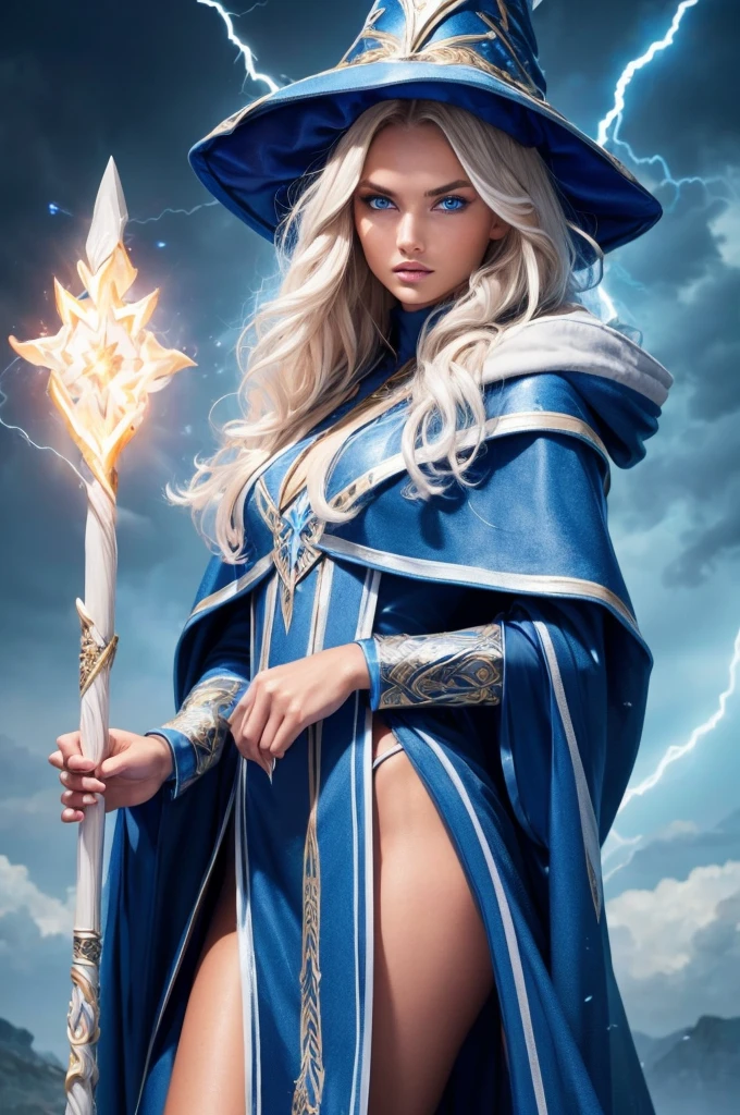 16 year old Romee Strijd dark elf mage, ultra-detailed face, ultra detailed blue eyes, long platinum blonde wavy messy hair, (wizard hat, wizard robes, cloak, staff, lightning), (((masterpiece)))