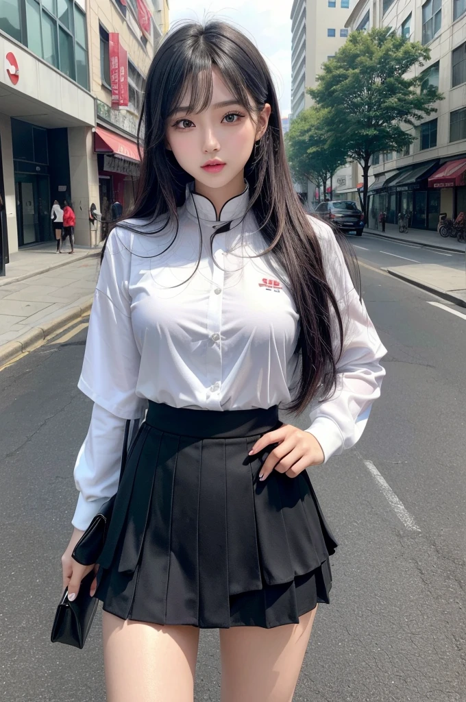 (quality),8K,(masterpiece:1.3),(1 girl:1.3),(In Minaof name),美丽of韩国女孩, Korean pop idol,美丽of女人,拥有完美of身材:1.4, Slim abdominal muscles:1.2, ((Layered Hairstyle, :1.2)), ((View Viewer)),(灿烂of笑容:1.3),(Big Asa),实际of,high resolution,高度详细of面部和皮肤纹理,逼真of脸,RAW photos,((漂亮of脸蛋:1.5)),(美丽of女人:1.4),Perfect body example,,((超级细致of脸部)),Attention to detail,Double eyelids,Eyeshadow Enhancement,Eye for detail,Professional lighting,灯Optics,Focus,((Sporty style)),((Optics, 色彩鲜艳of衣服颜色鲜艳ofT恤,Short skirt,((vitality,积极of,vivaciousnesposing thighs)),(of:1.3),Ultra-thin sports bar,Hip skirt,on the street