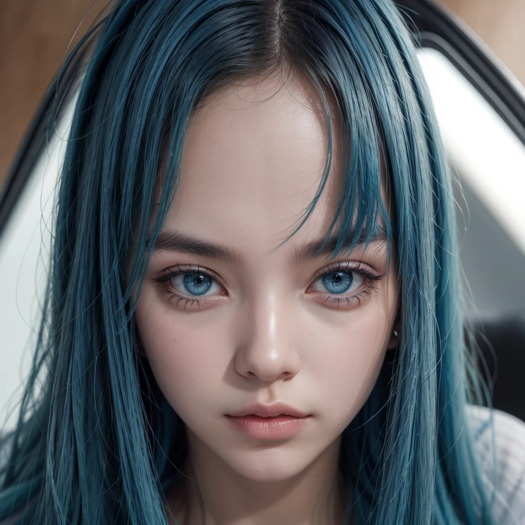 blue hair woman,eyes browns,