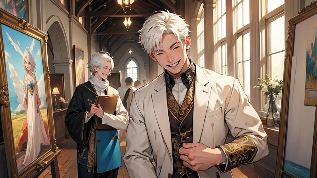 ((best quality)), ((work of art)), ((detailed)), young man with short white hair, laughing heartily, smiling