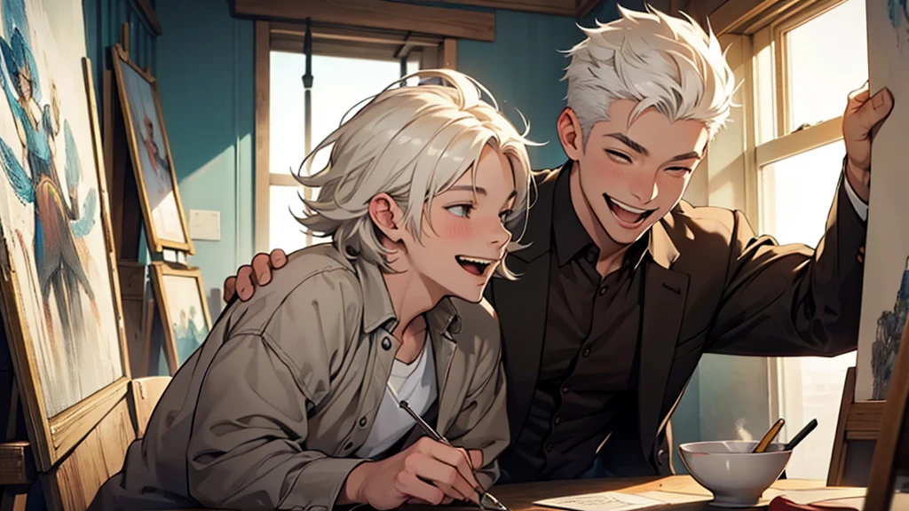 ((best quality)), ((work of art)), ((detailed)), young man with short white hair, laughing heartily, smiling