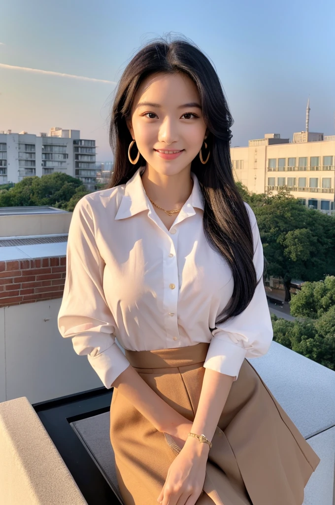 Rooftop of university building, 4th year university student, ((full body)), ((photo)), ((best qualtiy, 8K, tmasterpiece:1.3)), Focus:1.2, perfect figure beautiful girl:1.4, 1girl, cowboy shot, look at viewer, eyes facing the camera, incredibly absurd, beautiful and cute girl with a photorealistic face, showcasing top-quality craftsmanship, A Japanese girl watching the sunset on the roof of a university building, 19 years old, long, straight, silky black hair, fair skin, big eyes, thin eyebrows, double eyelids, long eyelashes, pink lips, smile, devilish smile, gorgeous features, well-defined facial features, beautiful face line, mysterious beauty, slender, tall, well-balanced proportions, large E-cup breasts, white shirt, tight black skirt, beige pumps, gold necklace and bracelet, small earrings, elegant ring, pretty girl, beauty, devilish type, pretty older sister, passionate about art, sociable, friendly, positive, has leadership skills, is proactive, is flexible, gets things done efficiently, works hard towards dreams and goals, March