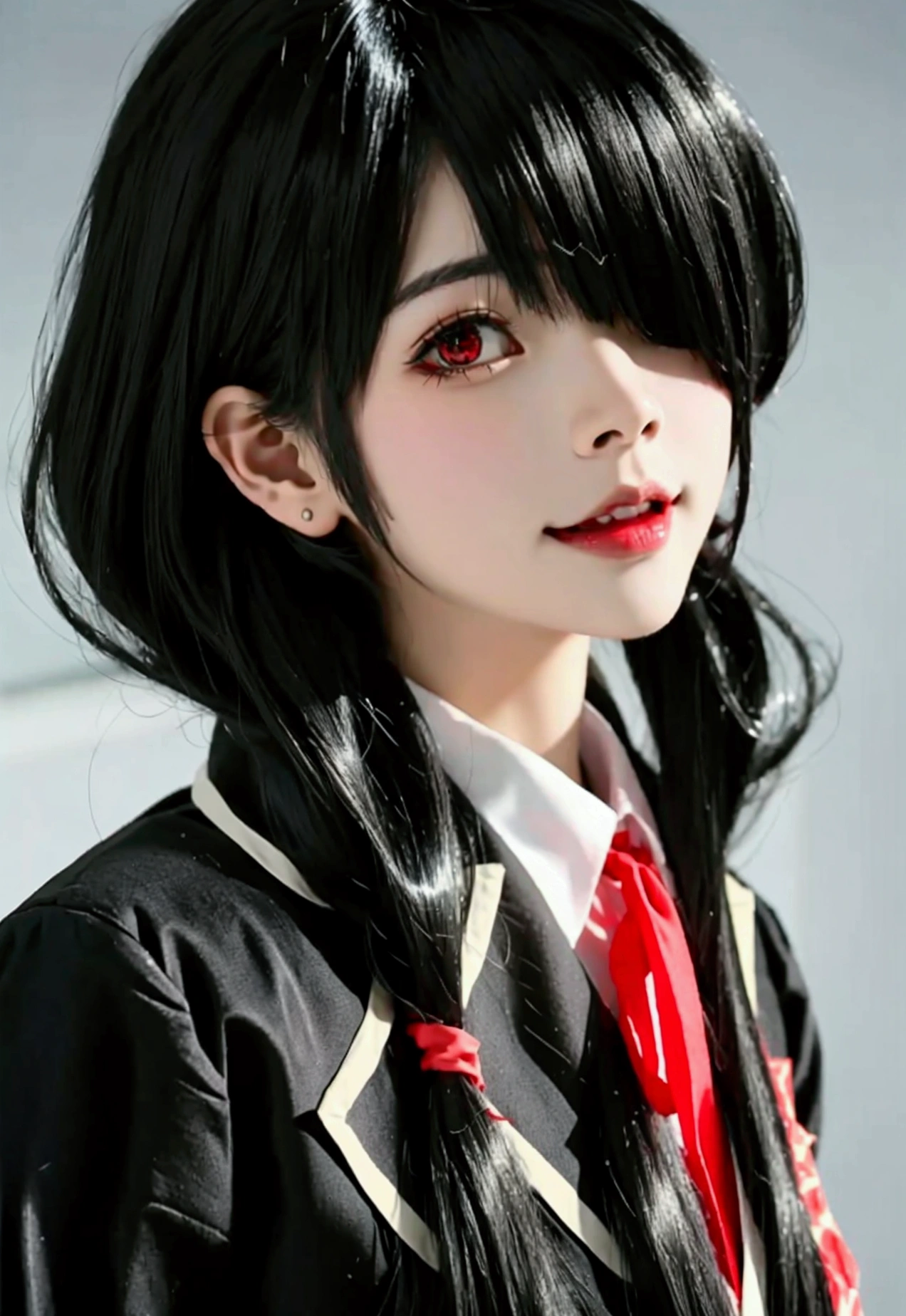 ultra-detailed,highly detailed,best quality,masterpiece,illustration, 
anime girl with red and yellow eyes  and black hair wearing a black shirt and red tie, ahegao, ahegao face, yandere, yandere intricate, extremely cute anime girl face, gapmoe yandere, gapmoe yandere grimdark, black anime pupils in her eyes, pixiv 3dcg, top rated on pixiv, trending on pixiv, visual novel cg, lewd, realistic anime style at pixiv, portrait gapmoe yandere grimdark, blood dripping from eyes, drooling goo, vore, popular on pixiv, beautiful anime face
