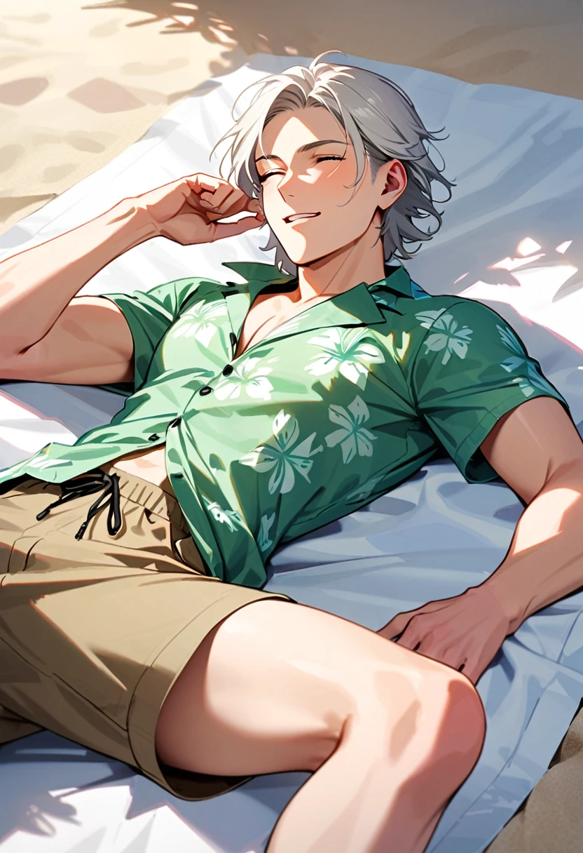 A man, 19-years-old, solo, Caucasian, mature face, short tousled white hair, eyes closed, blissful facial expression, light pale green Hawaiian shirt, short sleeves, khaki shorts, beach, lying on a towel