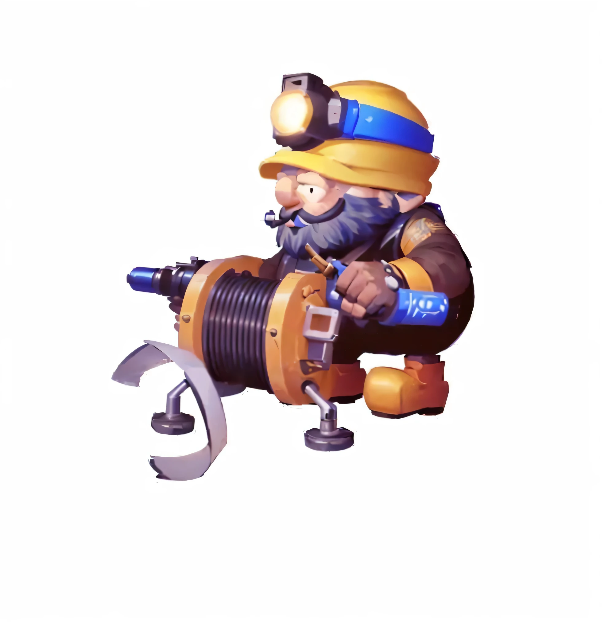 cartoon image of a man with a pipeline and a wren, pepe the miner, engineer, mechanical, muscular female gnome engineer, Mini Gun, Unreal No, mining, Heavy weapons guy, Landmines, Farmers, steampunk engineer, old charismatic mechanical, Tinkerer, Fisherman, pipeline, Complete portrait of the electrician, blacksmith, Old Man, Magic Fishing Rod Weapon