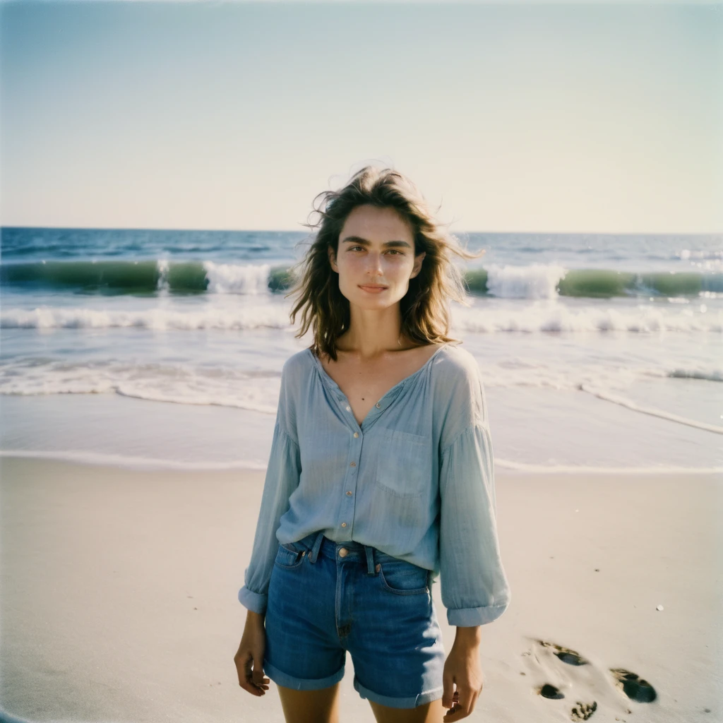 nkplr0, polaroid, a supermodel, summer, beach, dslr, soft lighting, high quality, film grain, Fujifilm XT3, 